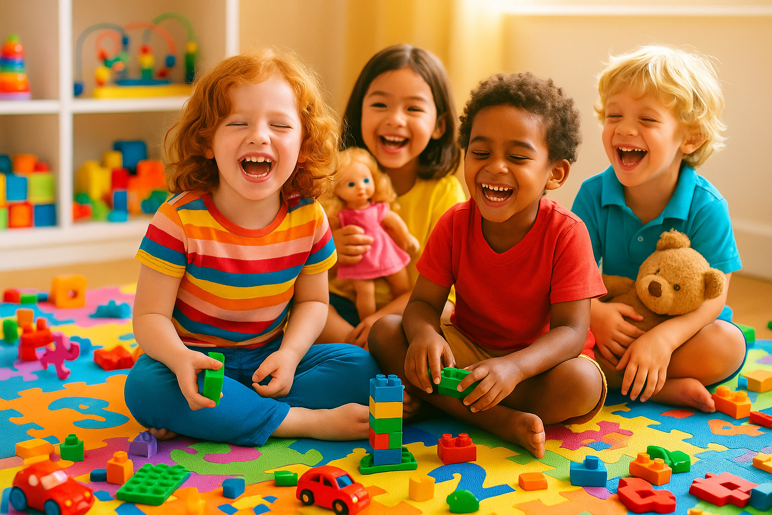 Create an eye catching image of kids playing with toys in a custom size of 1200x1200